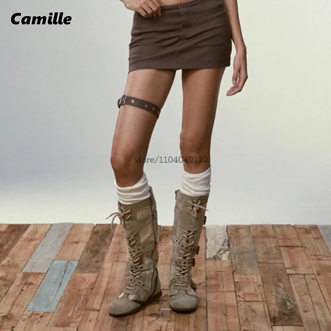 Mixed Color Front Lace Up Knee High Casual Boots Round Toe Belt Buckle Strap Sexy Lady Boots 2025 New Size 35-40 Flat Boots