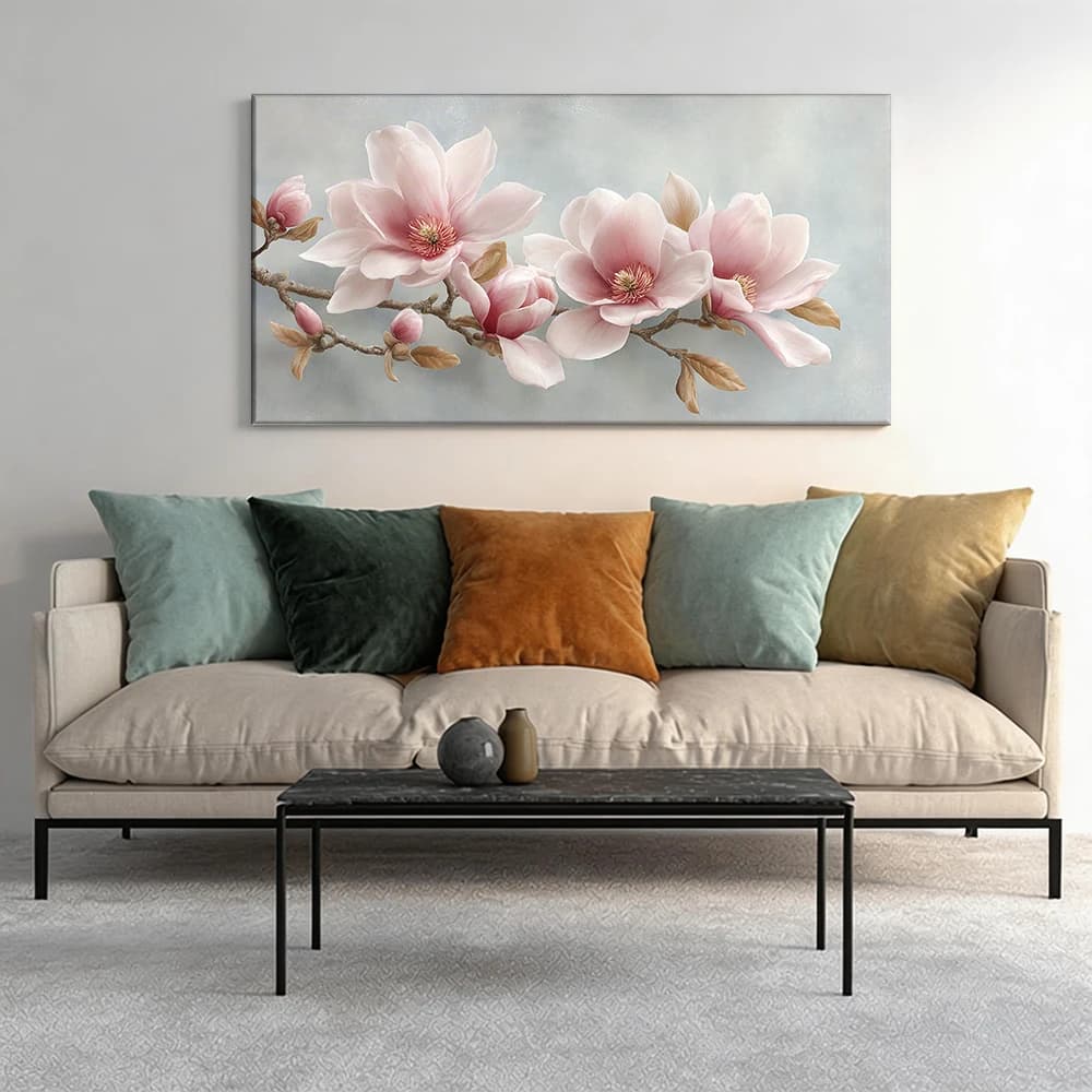 Painted on canvas with large wooden frame, 1 piece, pink magnolia flowers on branch.