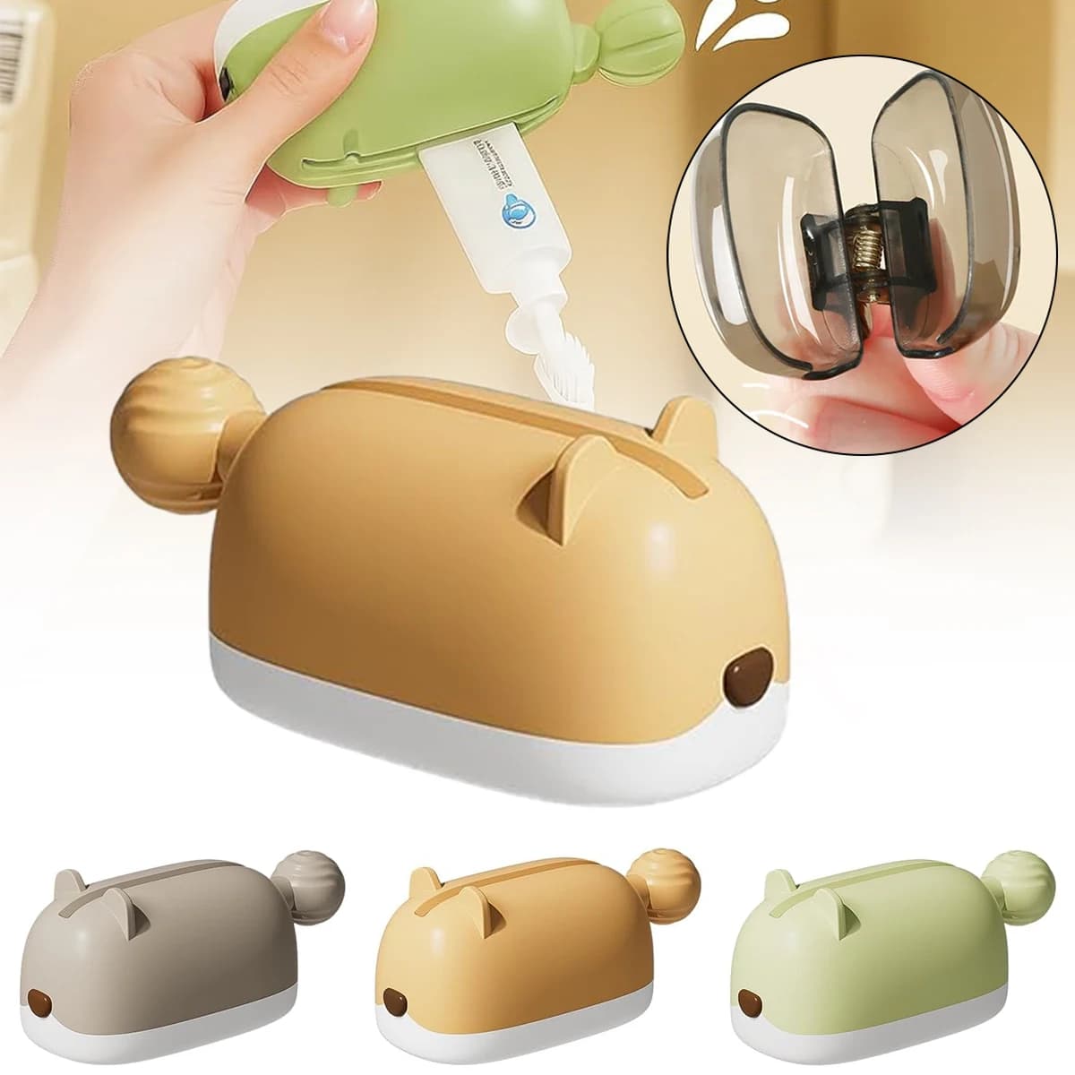 Hamster Toothpaste Squeezer Set – Includes 4 Toothbrush Head Covers, Cute Lazy Dispenser & Holder, Hygienic Bathroom Organizer