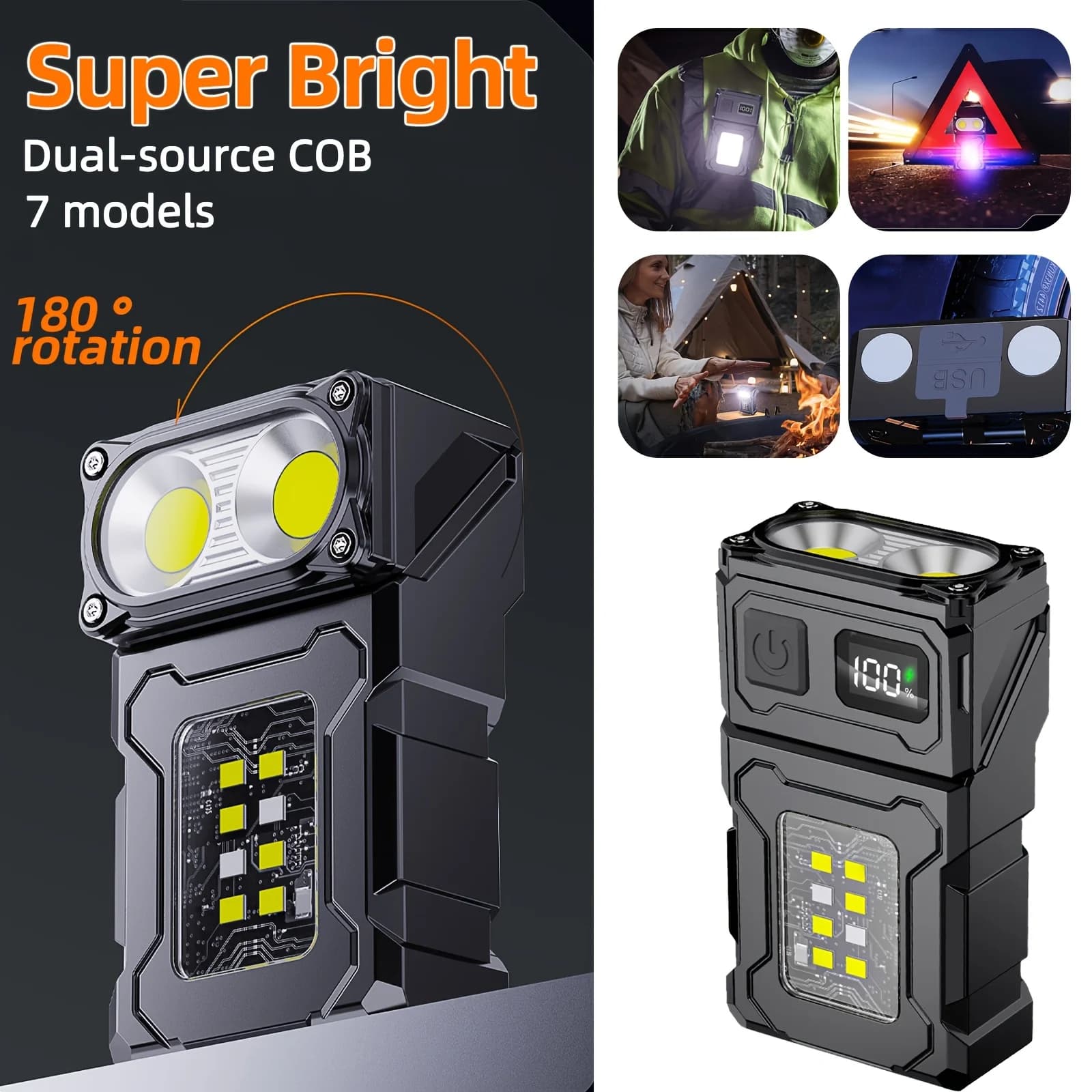 2/1Pcs Portable Flashlight Super Bright MINI USB Rechargeable LED Tail MagnetTorch with COB Emergency Light for Camping Hiking
