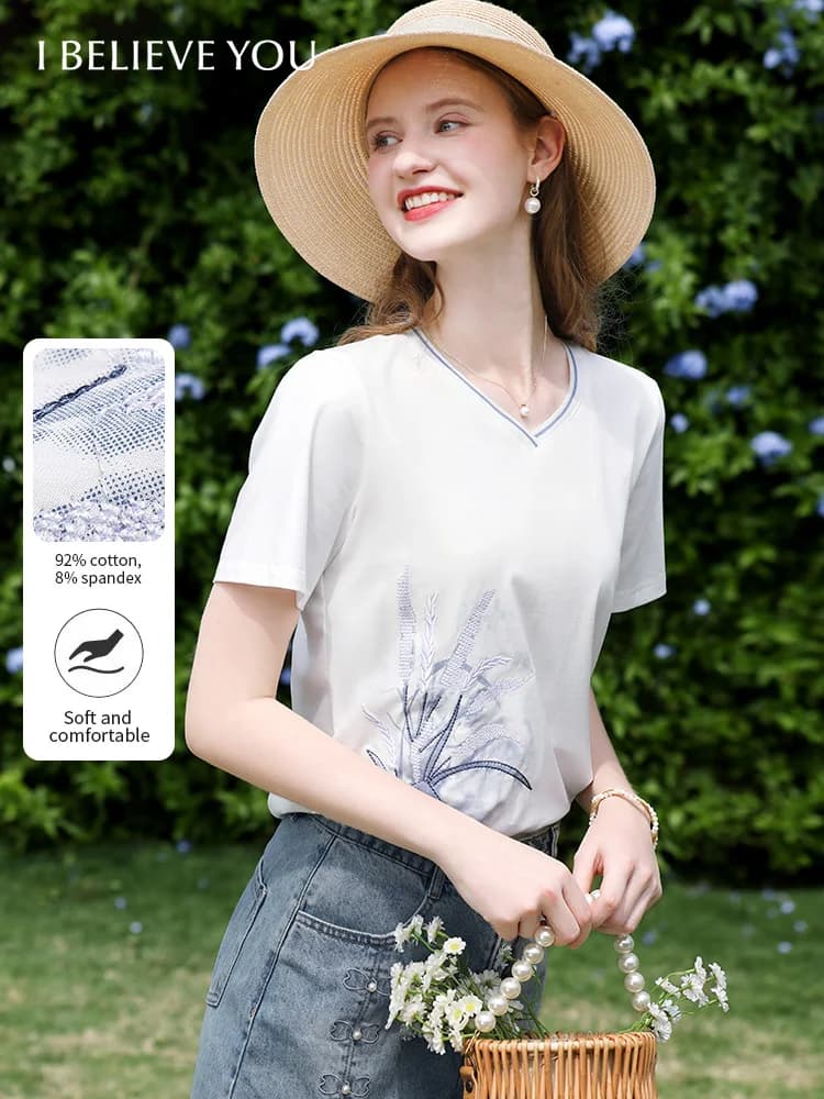 I BELIEVE YOU T-shirt con scollo a V stampata ricamata bianca Top casual per donna 2025 T-shirt a maniche corte in cotone fresco estivo 2252016013