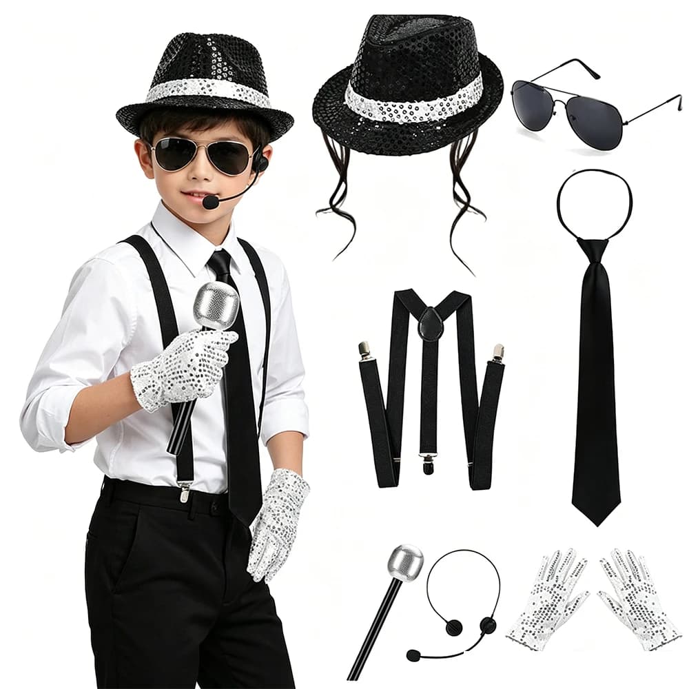 Set di Accessori per Cosplay di Michael Jackson, Kit per Feste Disco Anni '80 con Cappello di Paillettes, Guanti, Occhiali da Sole, Costume per Halloween
