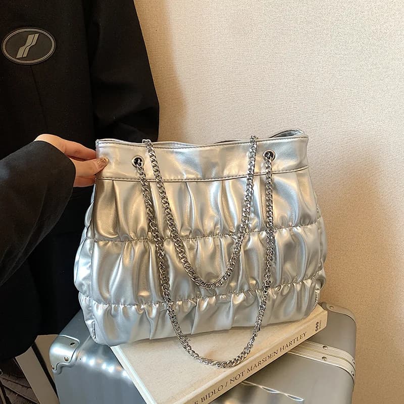 Black Beige Pink Large Capacity Tote Handbags For Women Silver Metal Chain Commuting Shoulder bag Fashion PU Underarm Handbag