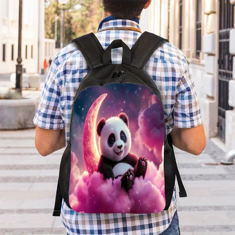 Cute Backpack in Panda shape with Design Addormented and Clouds - Bag Scolastica Rosa and Viola Cielo Notturno, Adjustable shoulder strap