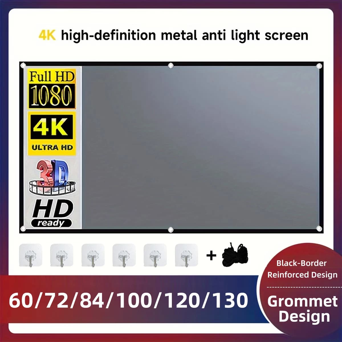 Gray Projector Screen Simple 16:9 Anti-Light Curtain 60/72/84/100/110/120/130 Inches Home Outdoor Office Portable 3d HD