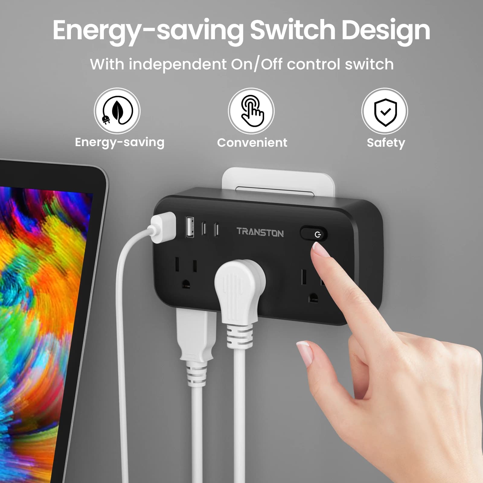 overvoltage protection for black slippers with 6 AC sockets, 2 USB and 2 USB-C fast charging ports, 10 in 1,45 ° tiltable cap, advanced protection