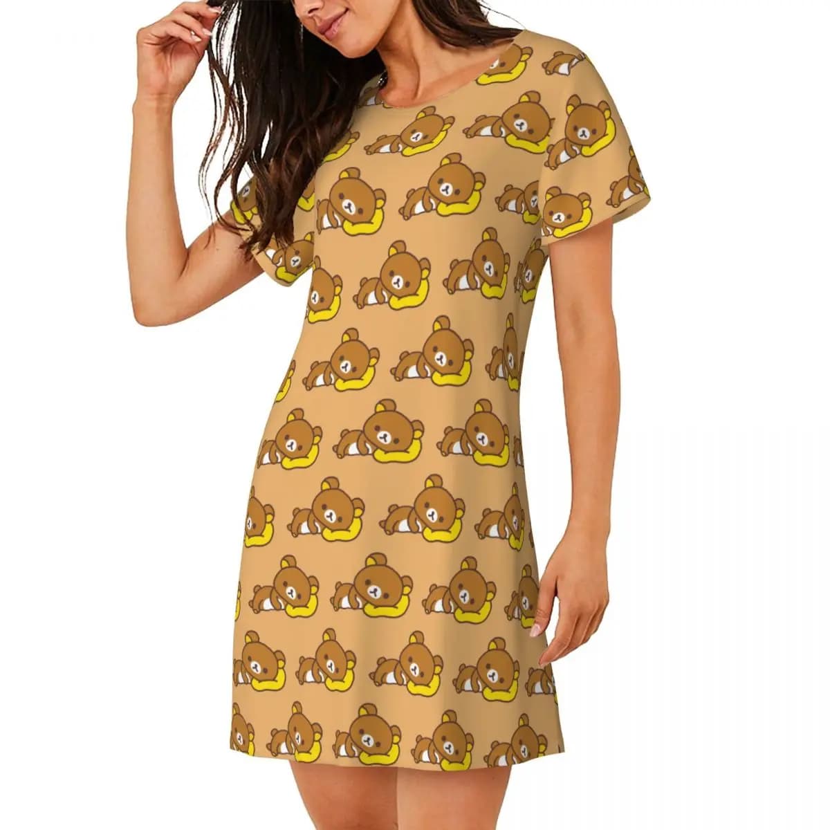 Custom Rilakkuma Short Sleeves Nightdress For Sleeping Sleepshirts Women Short Sleeve Nightgowns Soft Pajama Dress