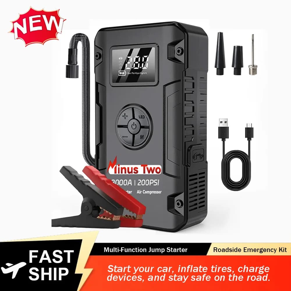 Minus Two All-in-One Car Jump Starter Portable Emergency Booster with Digital Screen & Flashlight