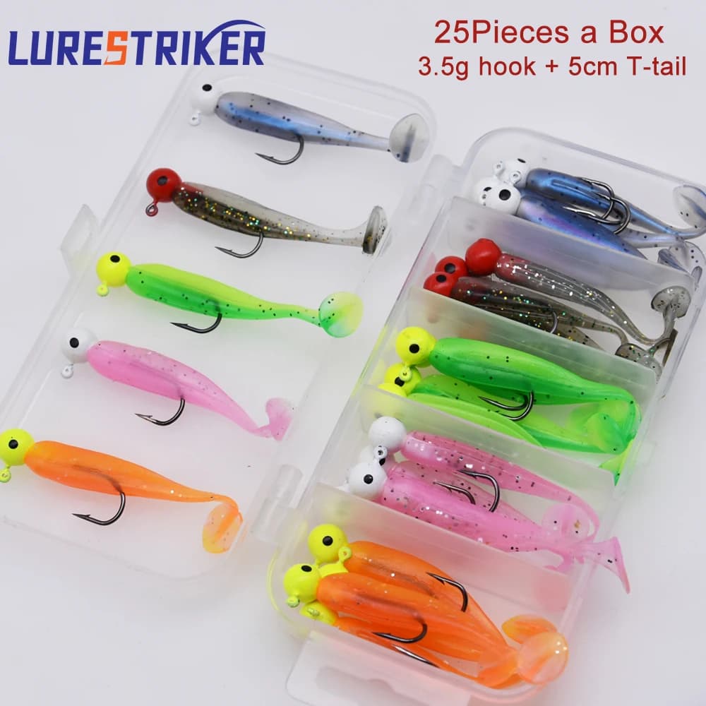 Lurestiker Box pack with artificial 3.5g baits, soft worm-shaped baits with T-tail for fishing of pears, glitters and bass, crankbait baits.