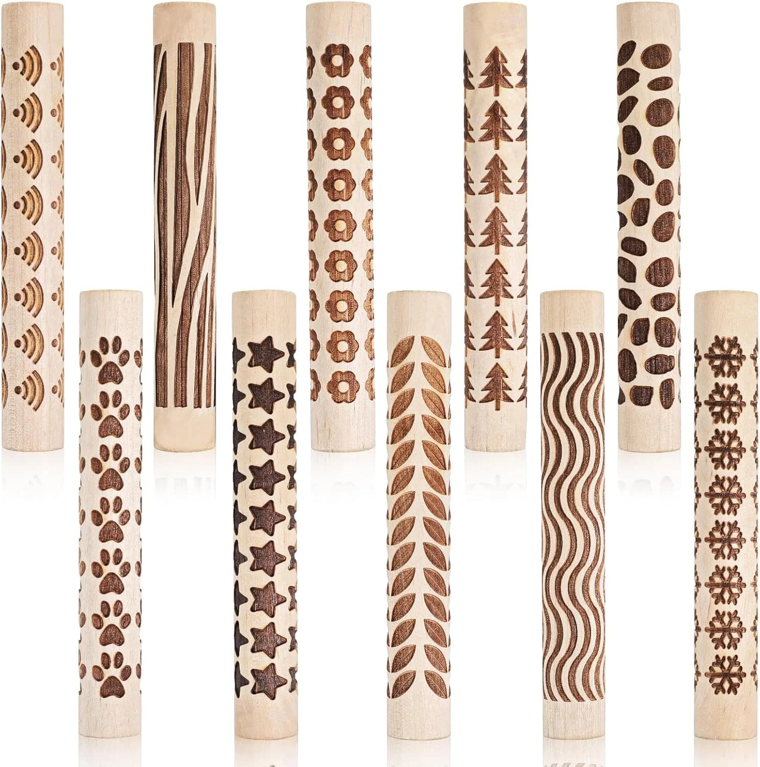 Wooden Clay Texture Rollers Set 10Pcs for Pottery Roller and Texture Tool Set with Stamps & Textured Rolling Pins for Ceramics