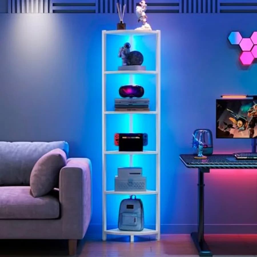 Scaffale Angolare con Luci LED, Libreria Angolare a 6 Ripiani da 66'' con Struttura in Acciaio, Espositore per Soggiorno