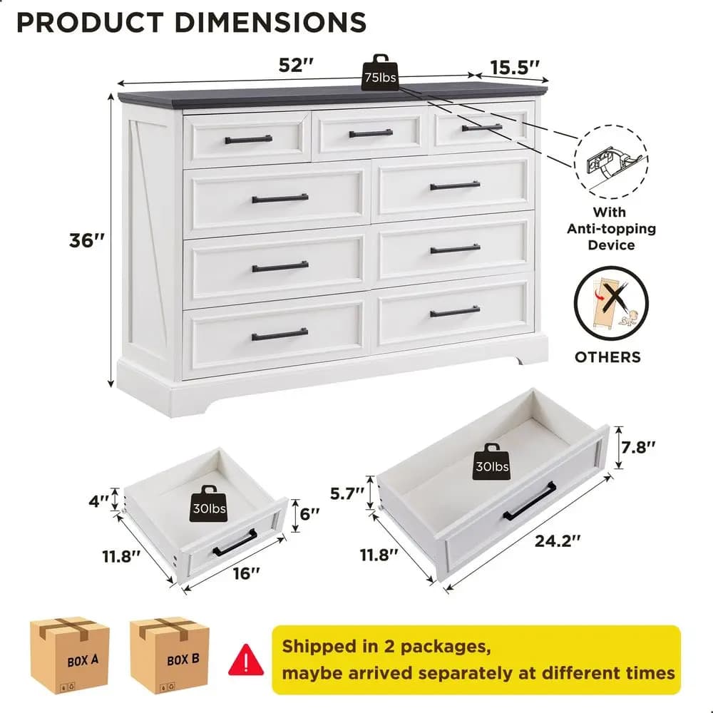 Farmhouse 9 Drawer Dresser for Bedroom, 36 Inch Tall Modern Dresser TV Stand with Large Drawers amp Bar Handles, Rustic Wood Ch