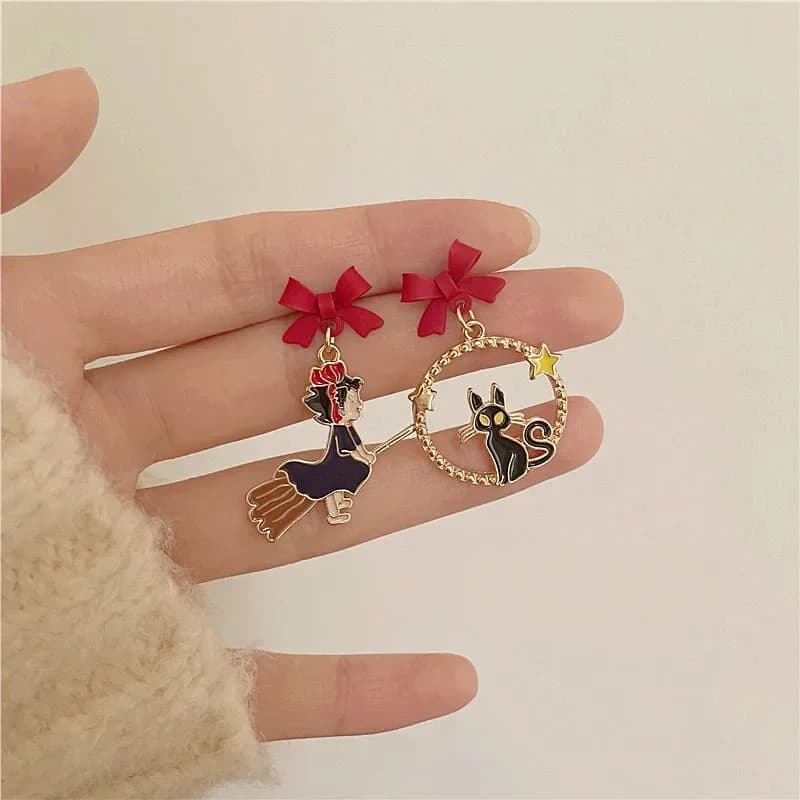 Orecchini a Clip Gatto Nero Stile Strega Giapponese, Senza Piercing, Divertenti Orecchini a Clip con Gatto Cartoon e Fiocco