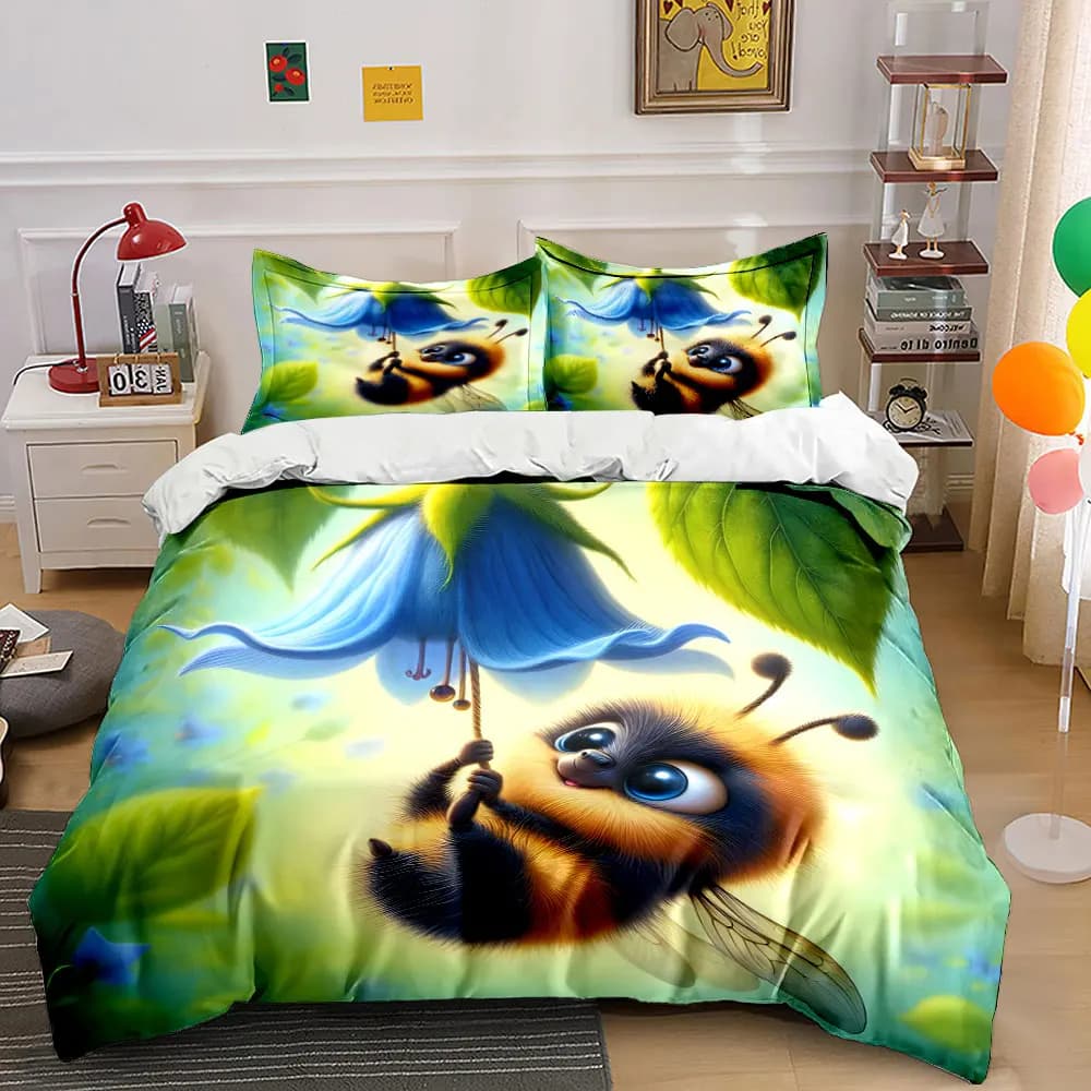Set di biancheria da letto con stampa di api pelose appese a fiori blu, morbido e confortevole, include 1 copripiumino e 2 federe.