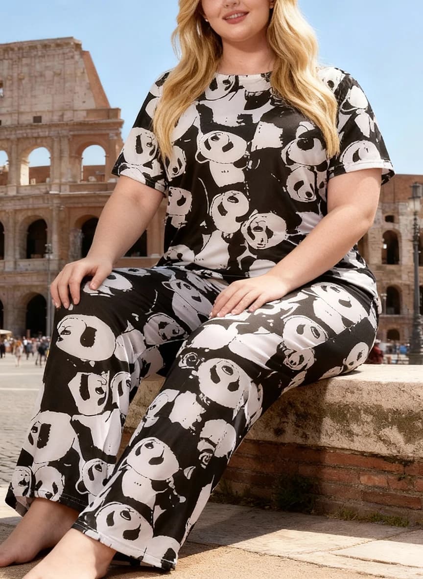 Plus Size Women's Spring Summer Loungewear Cute Cartoon Panda Print Top with Pants Soft Pajamas Homewear Set