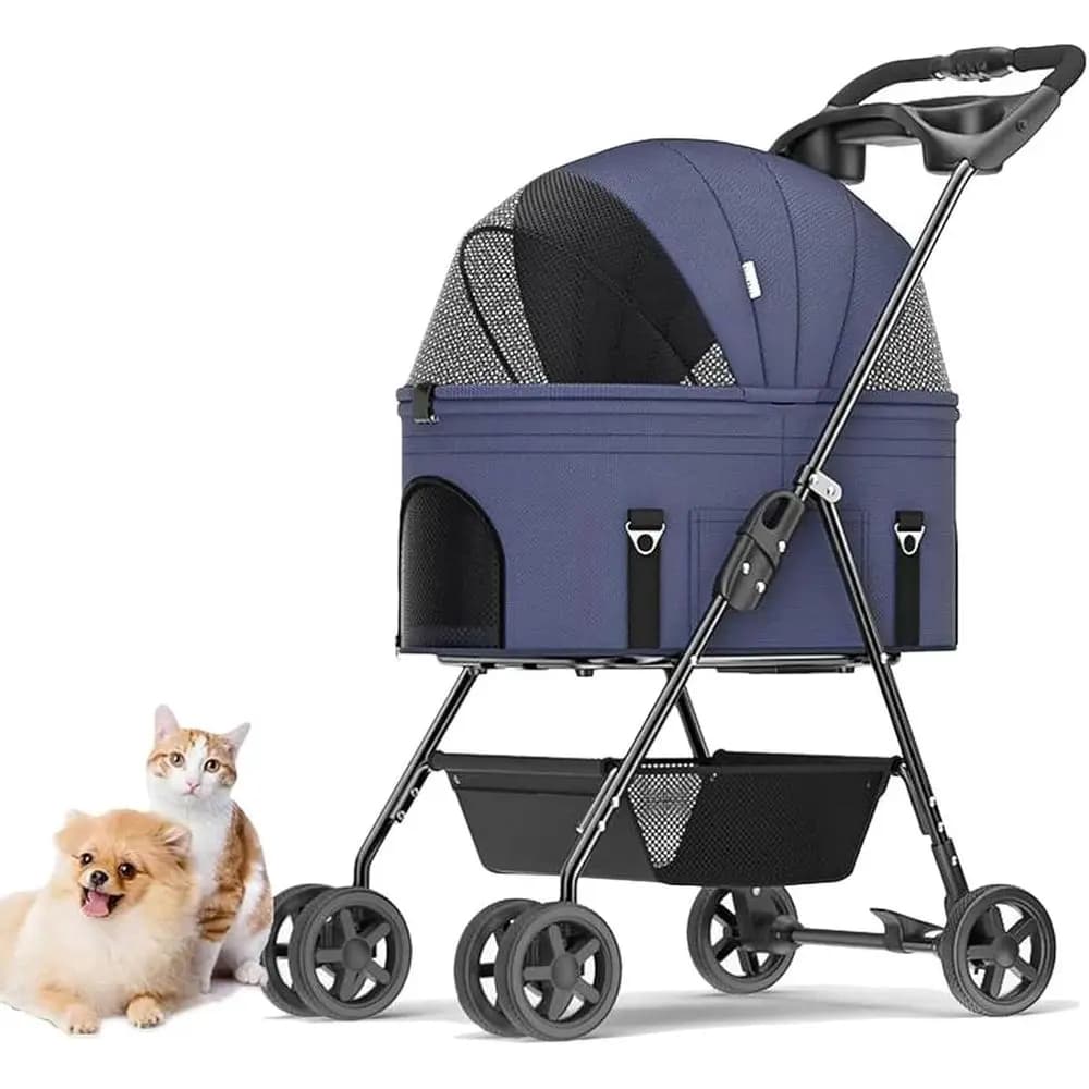 Passeggino per animali domestici 3 in 1 con portapacchi rimovibile, carrello da viaggio e portabicchieri, blu