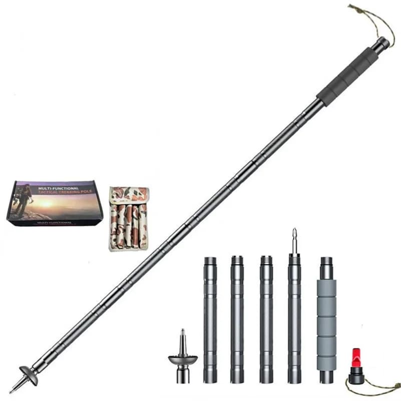 Multifunctional 5-joint Alluminum Alloy Trekking Pole Outdoor Lightweight Collapsible Mountaineer Cane for Hiking,Mountaineering