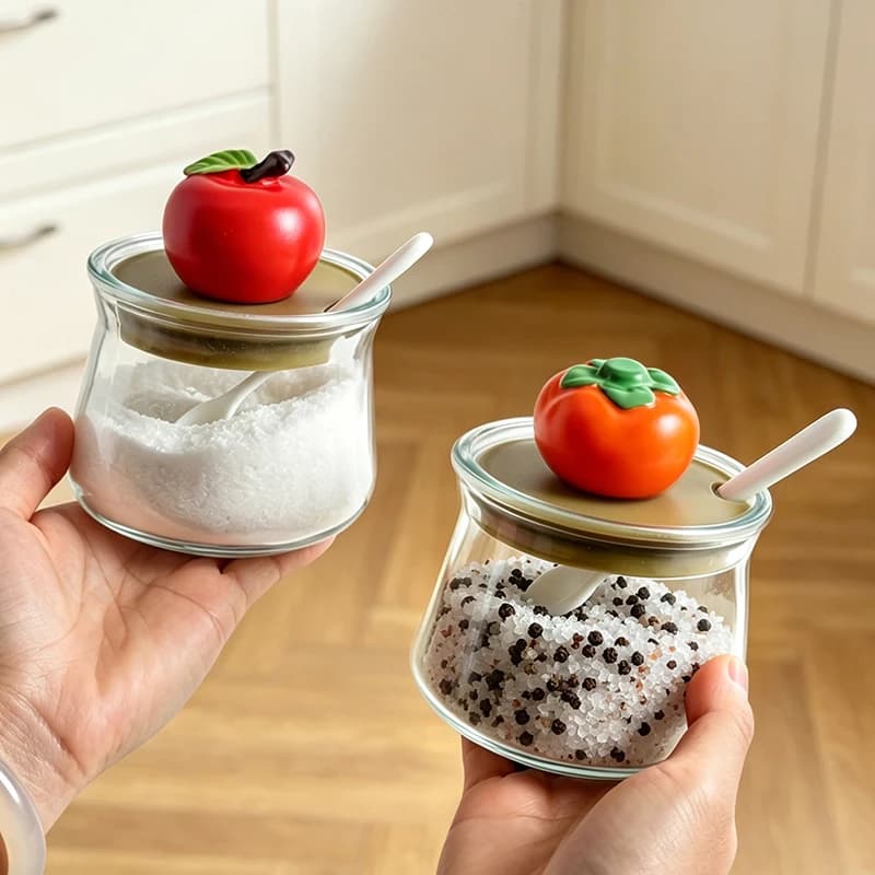 1 Set Fruit Glass Resin Spice Jar Organizer Sugar Salt Seasoning Boxes with Spoons Kitchen Counter Storage Decor Figurine
