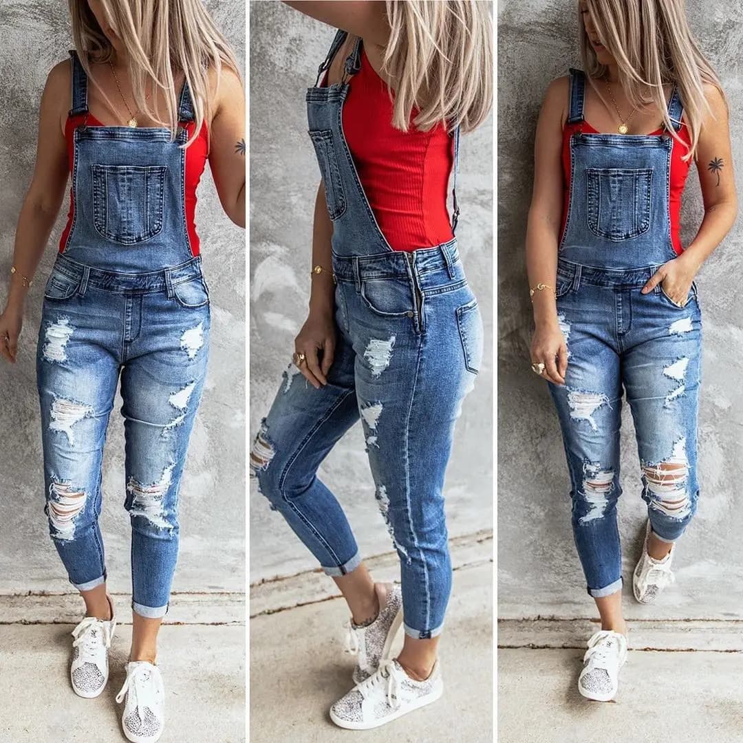 Retro Hole Elastic Denim Overalls Hot Selling Cross-Border High Waist Tight Fit Cotton Stretch Denim Blue High Waist Jeans