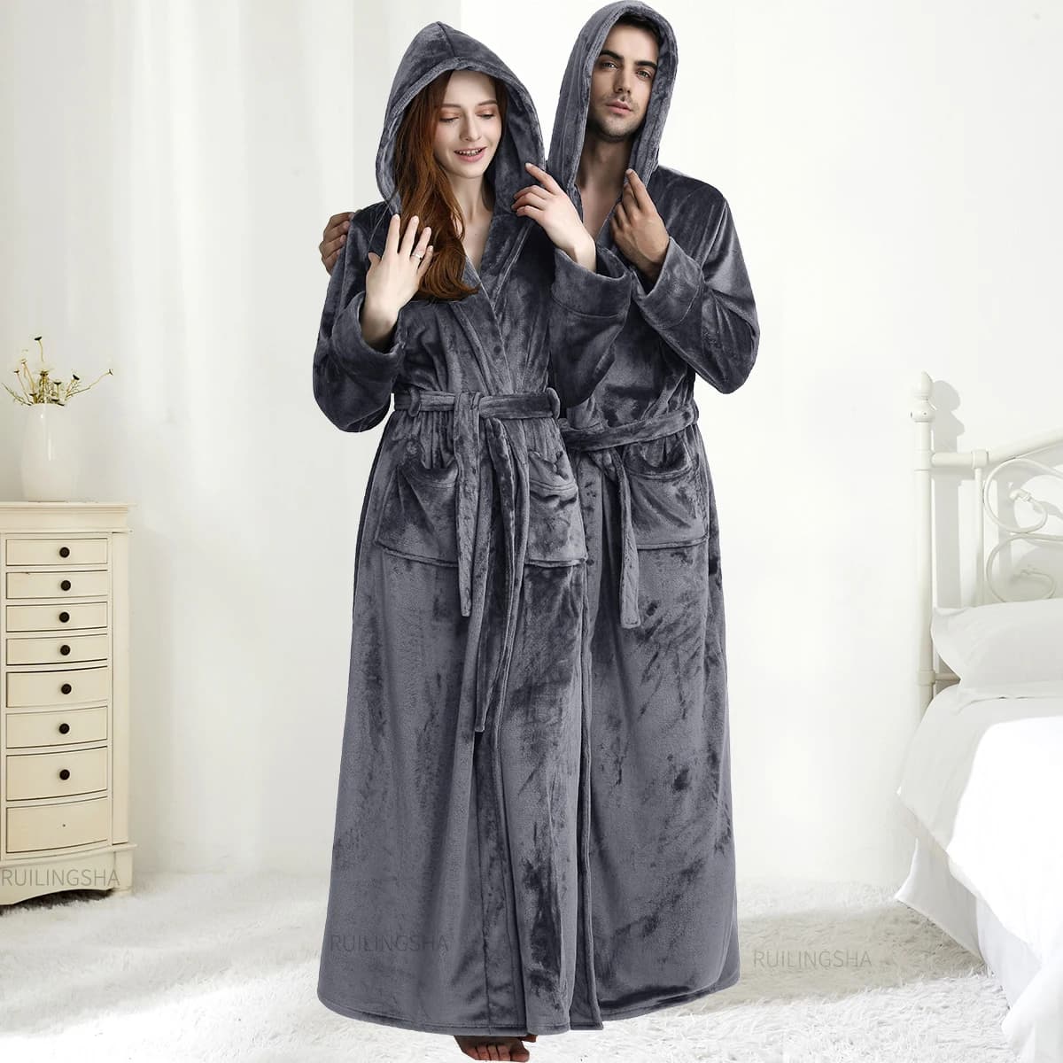 Men Winter With Hood Extra Long Plus Size Hot Flannel Bathrobe Floor Length Coral Fleece Shower Bathrobe Pigiama Woman Nightwear