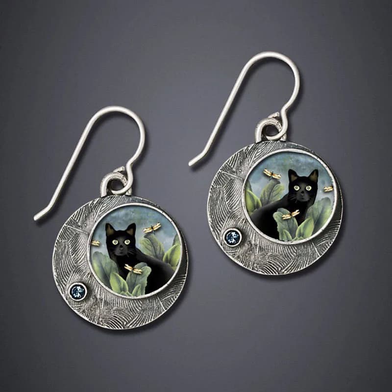 Vintage Black Cat Earrings Accessories Geometric Round Blue Diamond Pendant Earrings