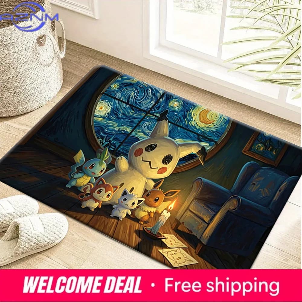 Starry Night Style Mimikyu & Pokemon Group Print Non-Slip Floor Mat Doormat
