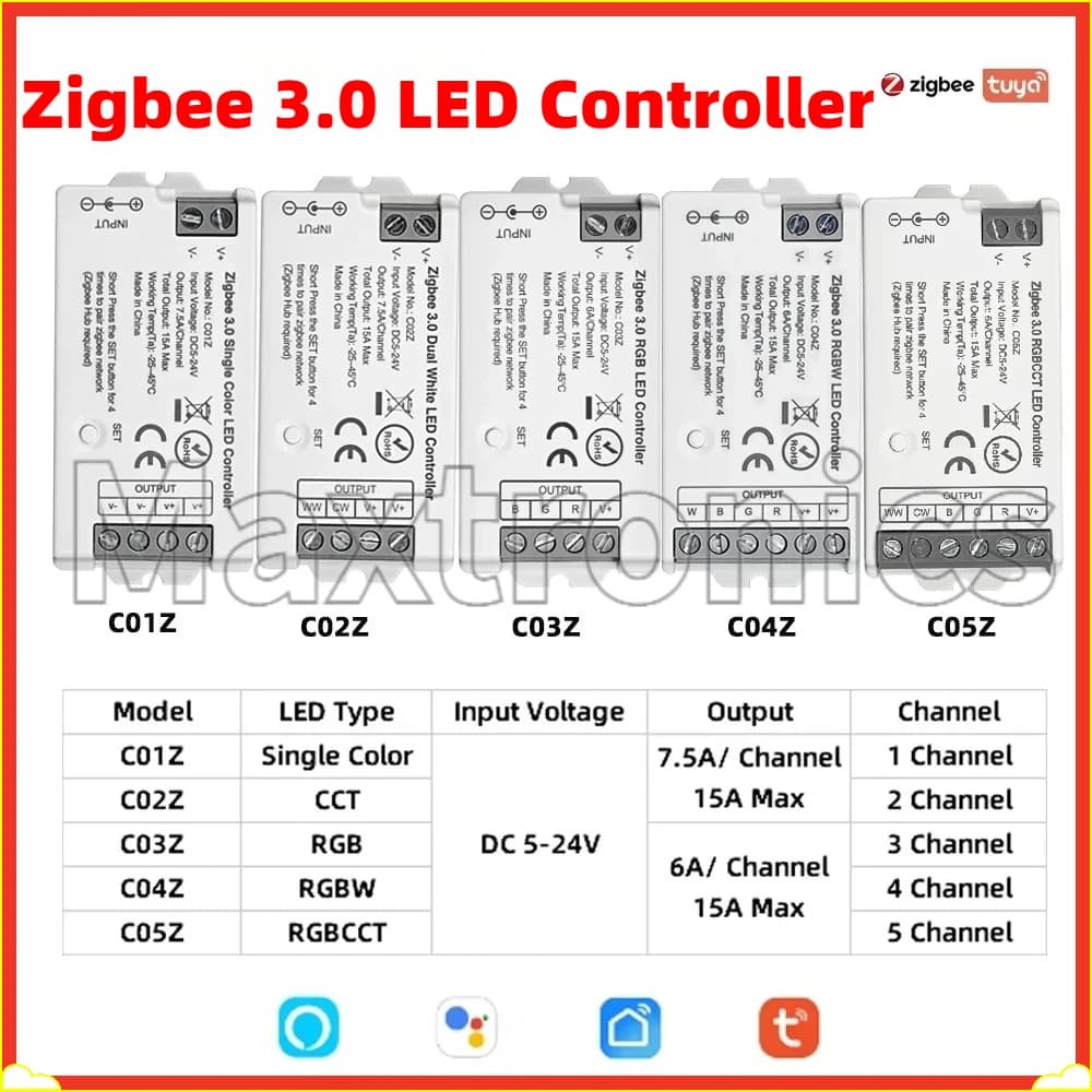 C01Z~C05Z Zigbee 3.0 LED Controller 2.4GHz Hue Bridg Tuya Gateway Smart Voic DC5-24V for Single Color RGB RGBW RGBCCT LED Strips