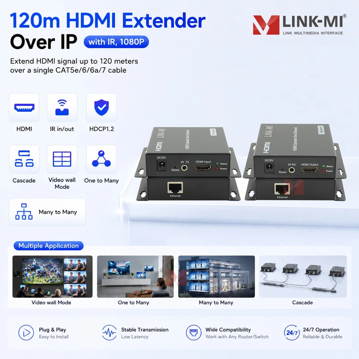 Extender HDMI LINK-MI 120M 1080P tramite un singolo cavo UTP Cat5e/6 RJ45 Ethernet, trasmettitore e ricevitore HDMI.