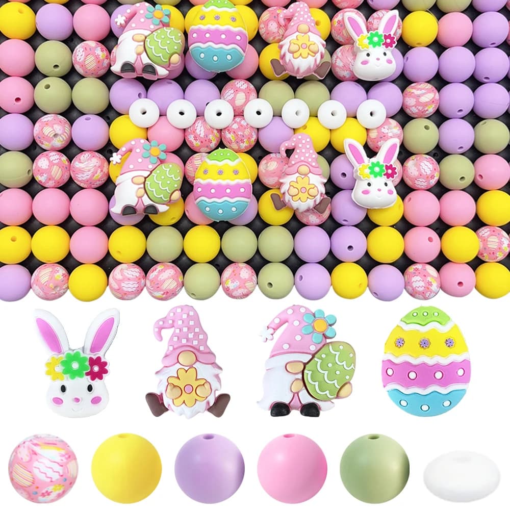 Set di perline in silicone con coniglio nani di Pasqua da 25/32/59 pezzi, perfetto per lavori artigianali fai-da-te come portachiavi, collane, braccialetti, ecc.