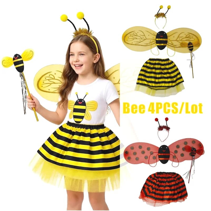 Set di 4 Pezzi Costume da Ape Unisex Giallo e Rosso con Ali Dipinte con Polvere Dorata, Gonna, Bacchetta e Copricapo per Halloween e Cosplay a Tema Insetti