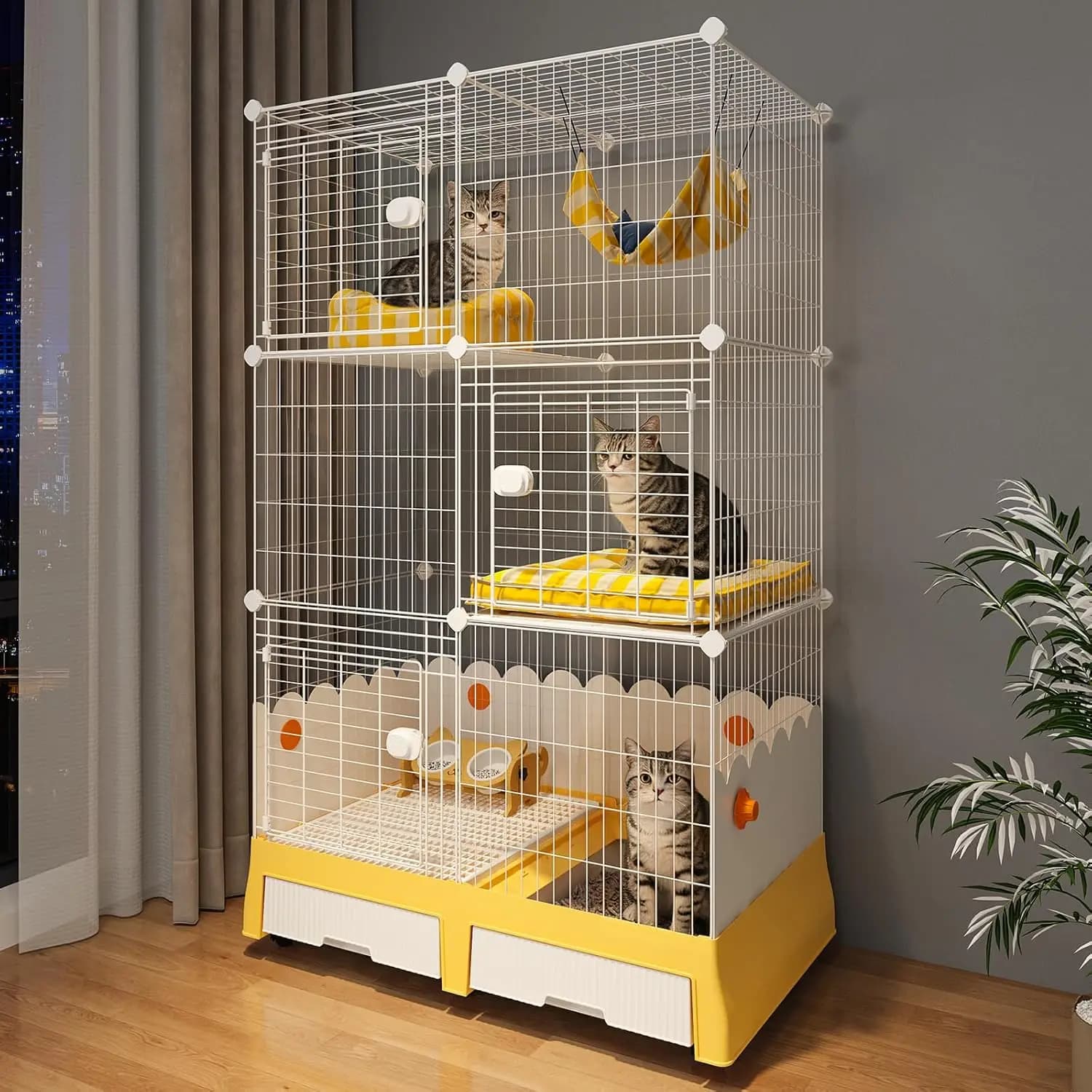 Gabbia per gatti grande da interno su ruote, recinto per gatti con lettiera ideale per 1-3 gatti, 90 cm L x 55 cm L x 158 cm H, cuccia, personalizzabile