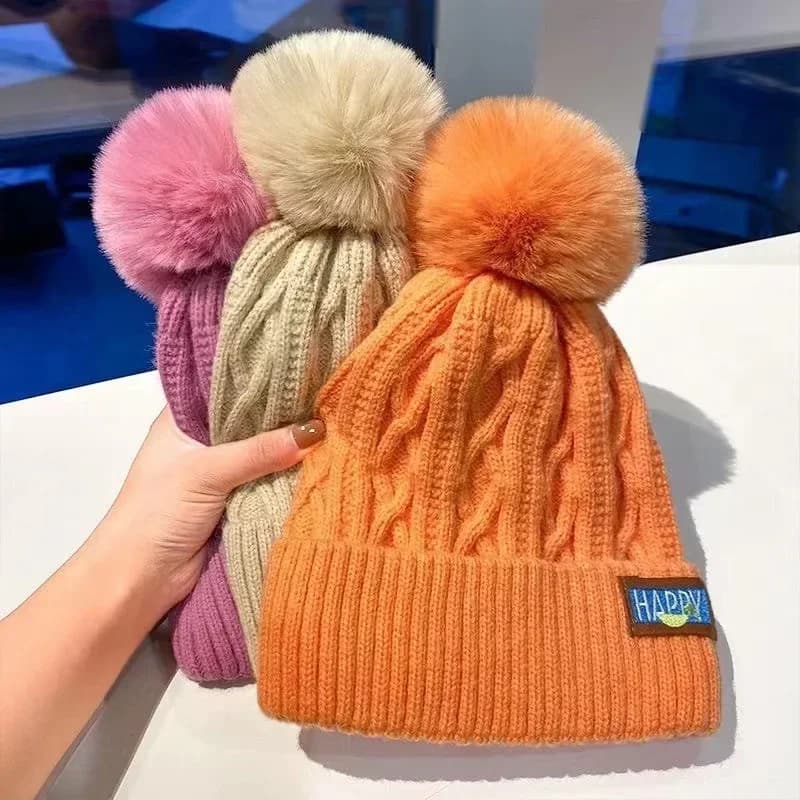 Cappello lavorato a maglia con pompon da donna autunno e inverno Cappello da donna in tinta unita addensato in peluche Berretto da donna caldo autunno all'uncinetto