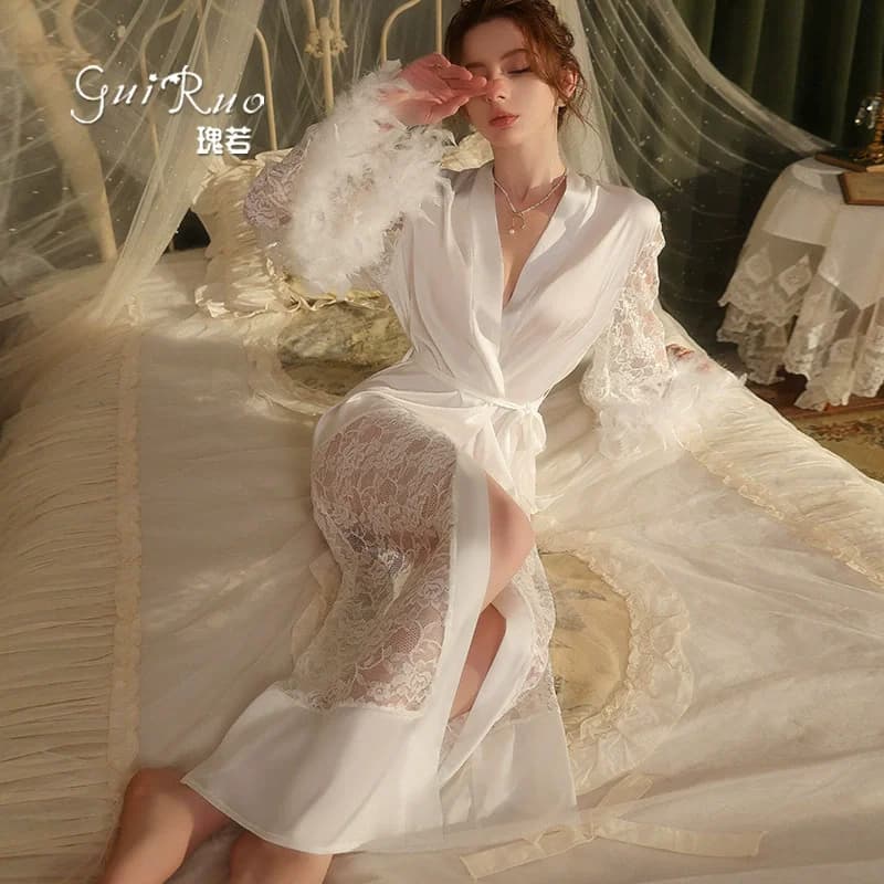 Abito lungo da sposa in piume di lusso Abito da sposa Vestaglia da casa Allentato Casual Raso di seta Kimono Accappatoio Abito da notte Vestaglia