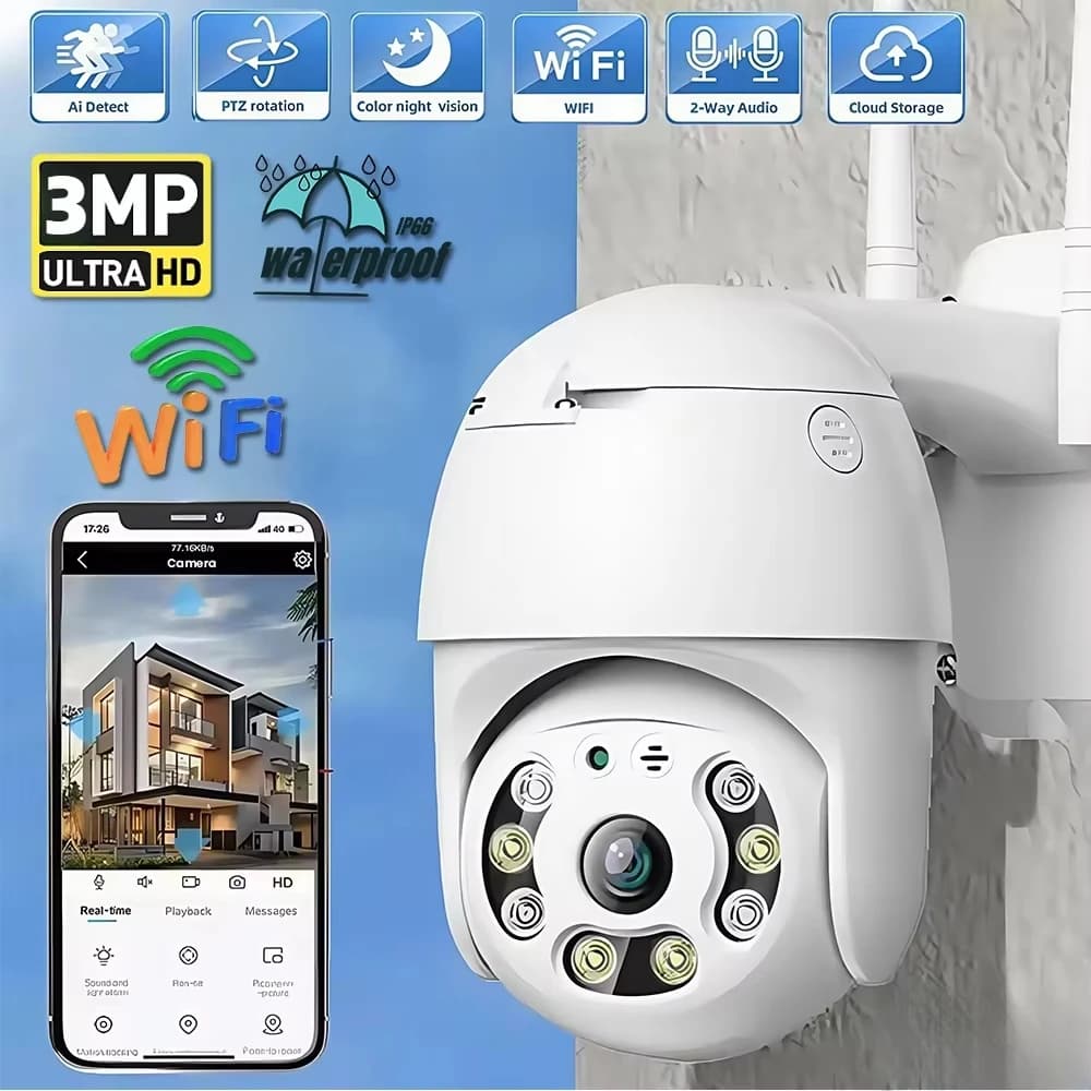Telecamera di Sicurezza Esterna PTZ WiFi HD 3MP, Wireless con Doppia Luce, Telecamera IP di Sorveglianza Intelligente con Visione Notturna e Tracciamento a Colori