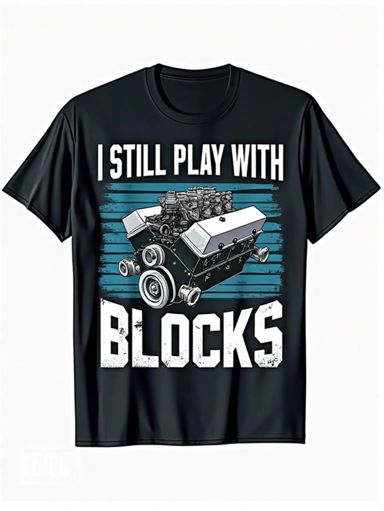 Vintage Men's Black Graphic T-Shirt Engine Motor Pistons Blue Stripe I Still Play with Blocks Bold Letter Print 100% Cotton Heavyweight Short Sleeve Casual Streetwear Tee