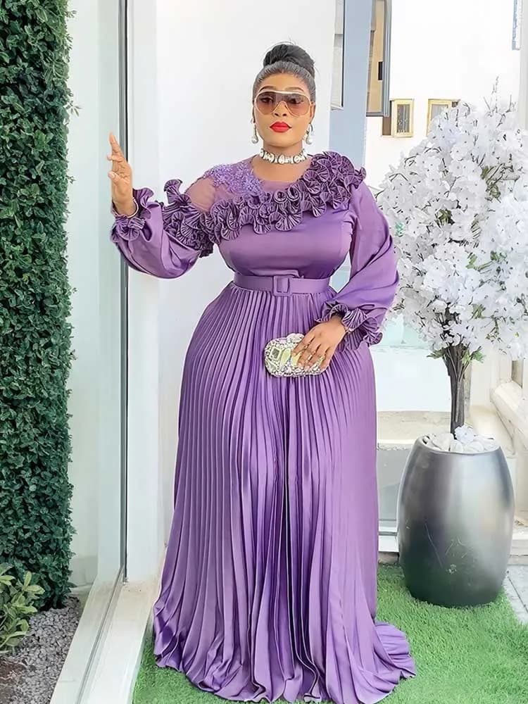 Abiti autunnali da donna Abito maxi a maniche lunghe con cintura da sera Compleanno Abito elegante e chic a pieghe Abito da festa taglie forti