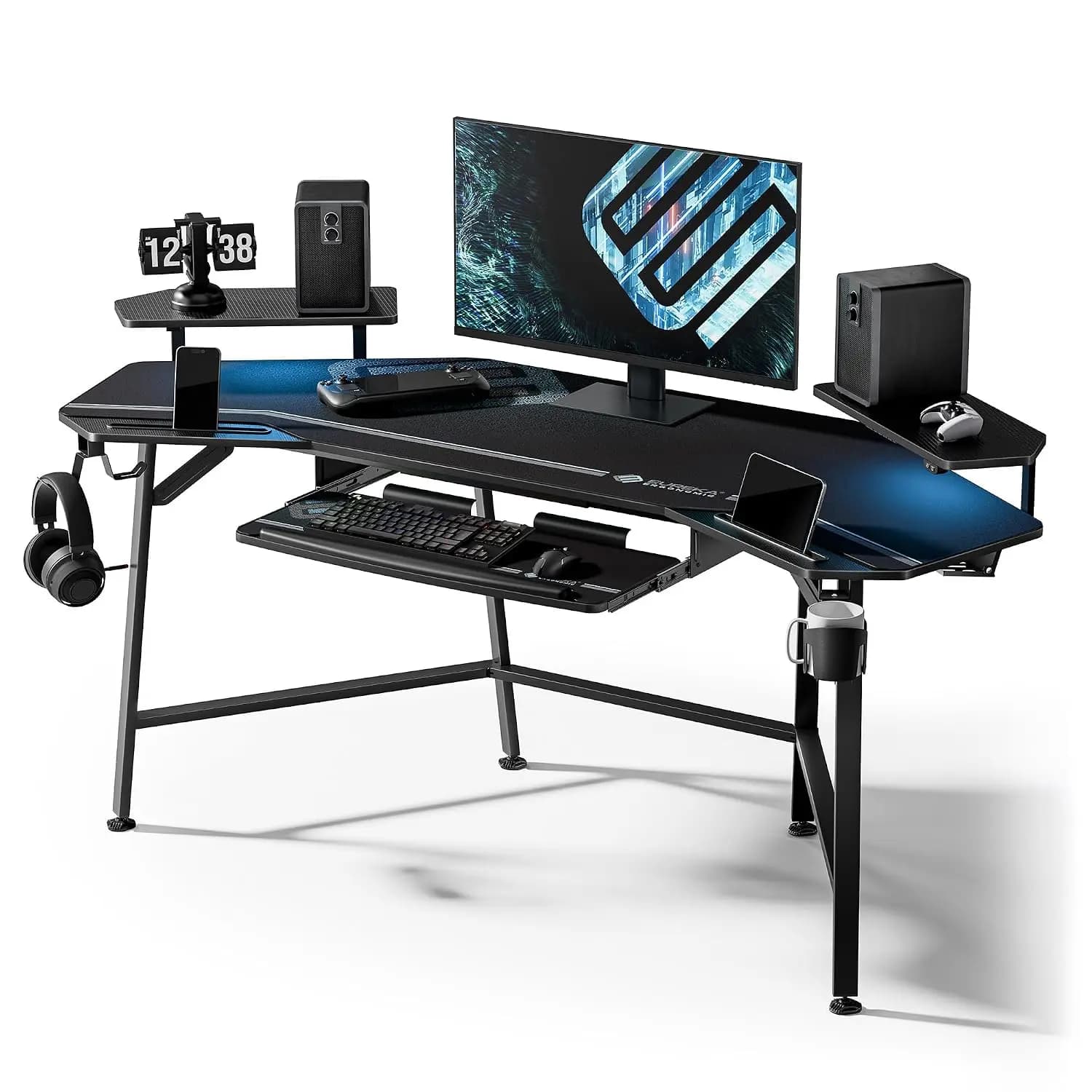 Gaming Desk Wing Shaped Keyboard Tray 72 Inch Black | LED monitor stand with dual headphone hooks and cup holder,, Customized