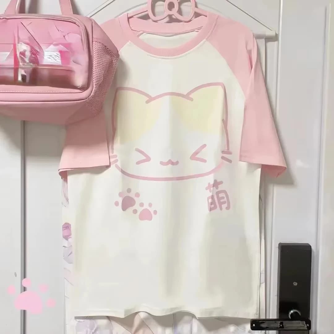 T-shirt a maniche corte Kawaii da donna con stampa di gatti anime Harajuku estetica Y2k stile cartone animato giapponese carino streetwear