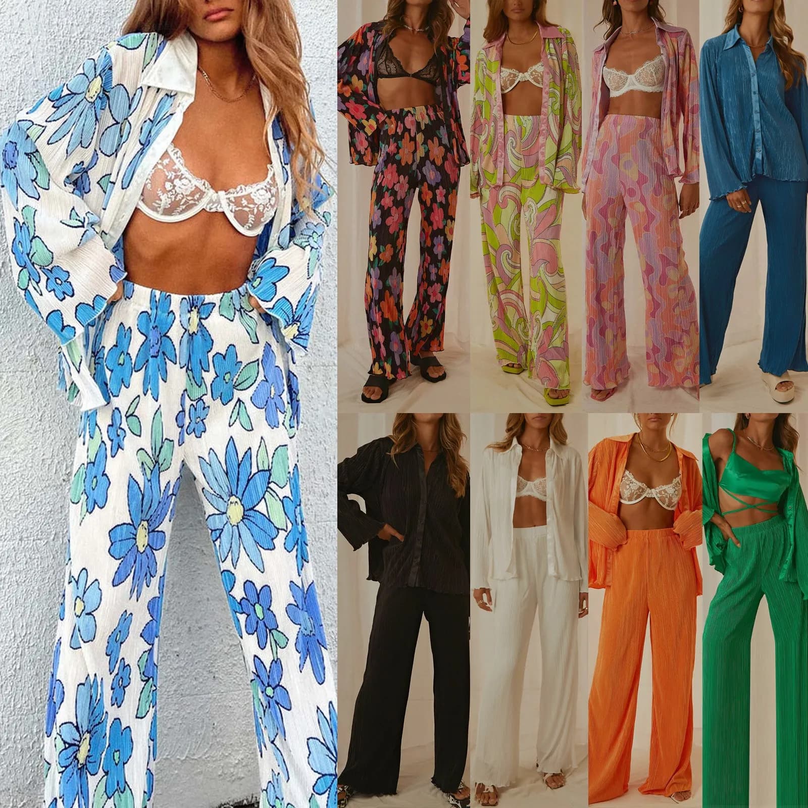 Women's Floral Print Shirt Cardigan Two-Piece Set Pleated Top And Trouser Casual Sportswear Summer Fashion Trend