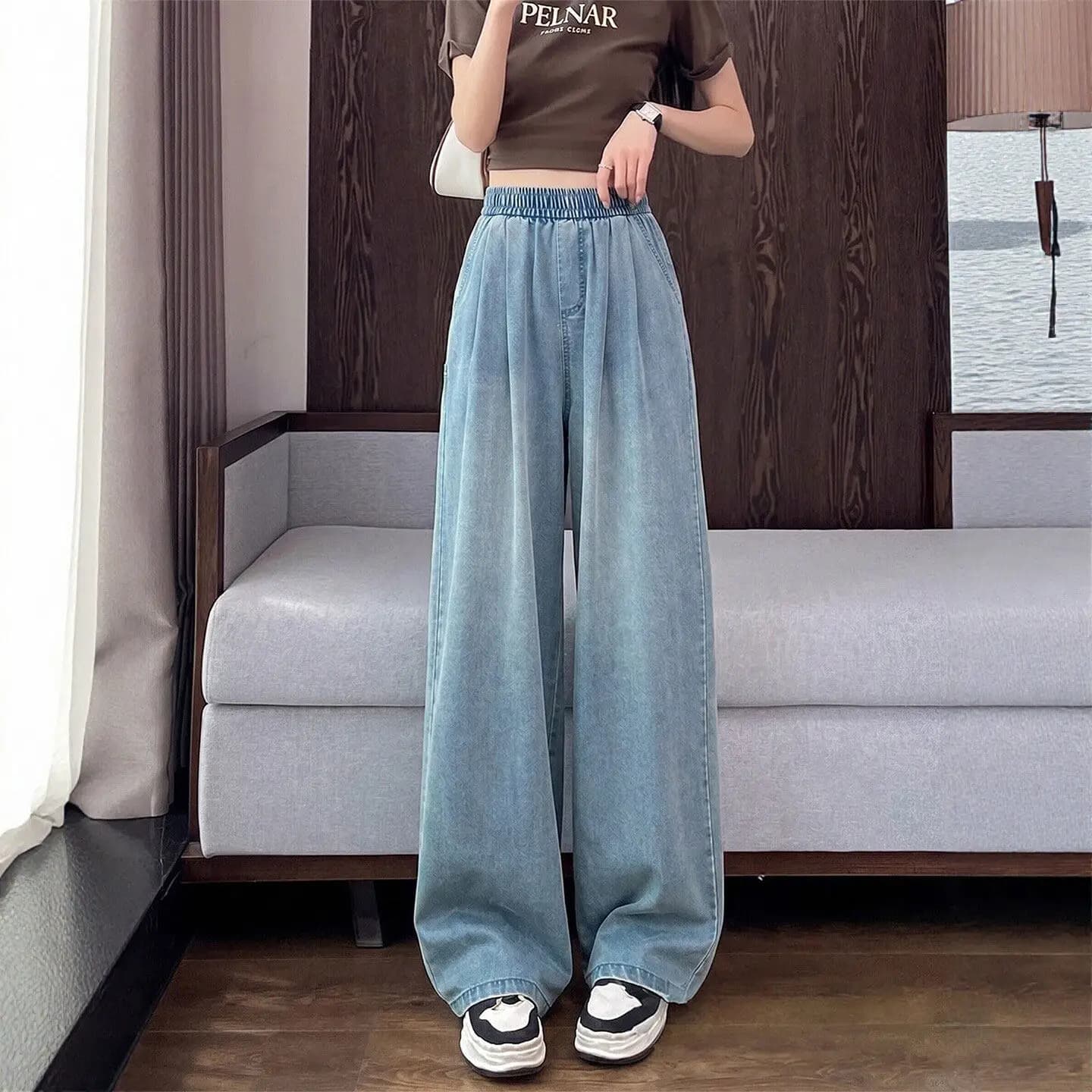 Jeans Blu in Denim di Seta a Vita Alta e Gamba Larga, Nuovo Stile Estivo Sottile, Taglio Dritto e Comodo, Moda Premium per Donne
