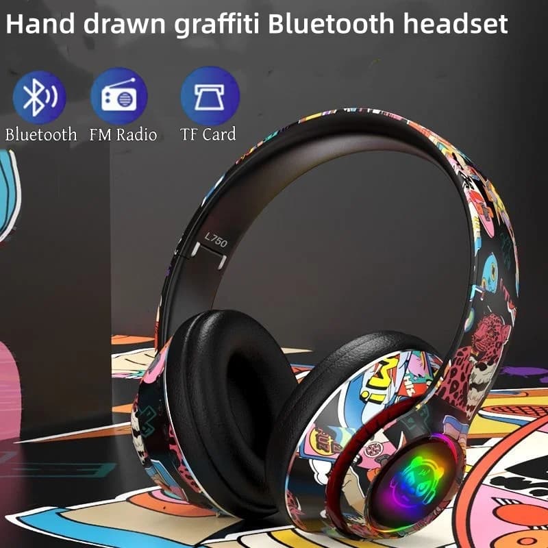 Graffiti Bluetooth Wireless Game Headphone For Cell Phone with Mic RGB Light Gaming Headset For Kids PC PS4 Gamer Support TFCard