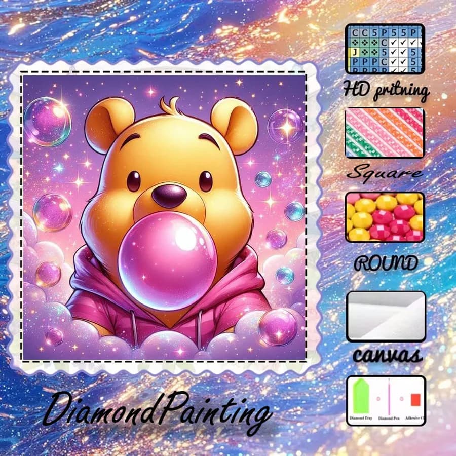 1 pezzo - Potdemiel-5D-DIY - Tessuto floccato - Trapano speciale - Set per pittura con diamanti - Orso dei cartoni animati, bolle - Arte con diamanti