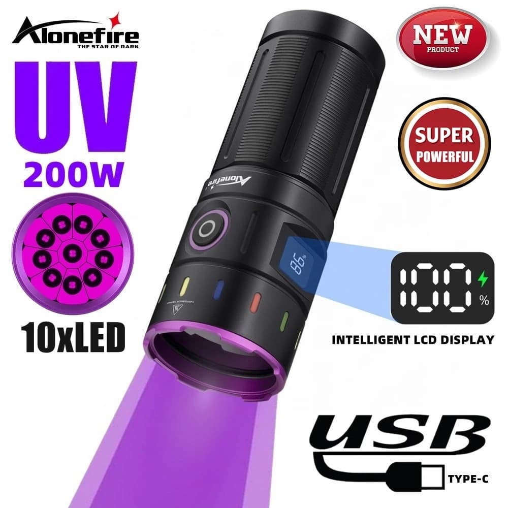 200W 10x LED 365nm Torcia UV Torcia a luce nera ad alta potenza USB ricaricabile Urina per animali domestici Macchia Scorpione Soldi Luce fluorescente