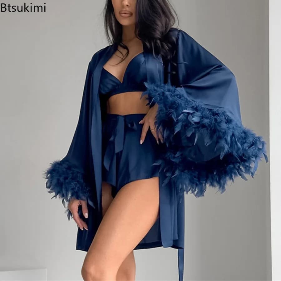 2026 Loose 3PCS Pajamas Sets for Women Feathers Long Sleeve Sleepwear Sets Female Bra Casual Suits with Shorts Spring Homewear