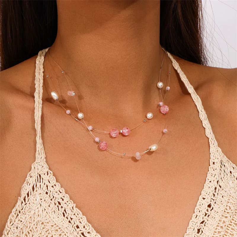 Sweet Y2K Beaded Necklace for Women Girls Korean Style Cute Multilayer Clavicle Chains Birthday Vacation Jewelry Gifs