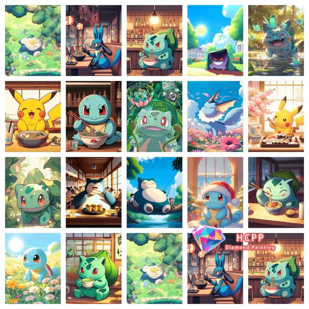Kit Pittura Diamante Anime Pikachu Bulbasaur Squirtle, Diamanti Quadrati e Rotondi 5D, Mosaico Fai da Te, Arte Artigianale, Regalo Squisito, Decorazione per la Casa