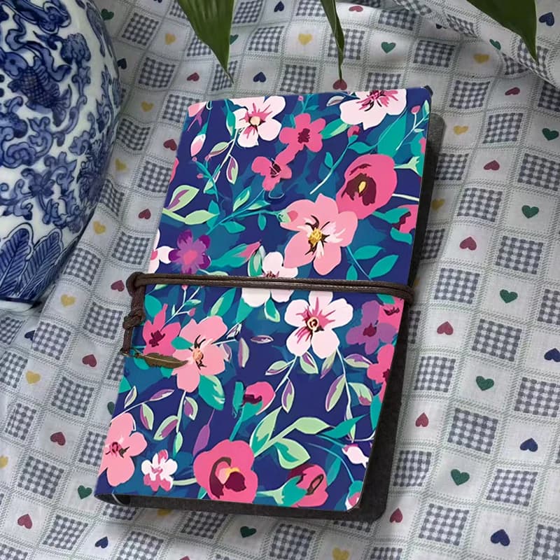 Vibrant Blue Floral PU Leather Journal A6 Pink Flower Print Bohemian Style Diary with Elastic Band for Women Girls Students Trav