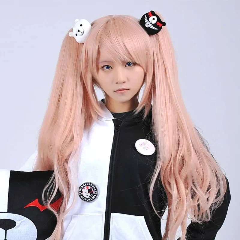 x,3;f\6;h/NewDanganronpa Enoshima Junko Parrucca cosplay rosa lunga ondulata con clip per coda di cavallo resistente al calore + Bea6;j'3\y,8/