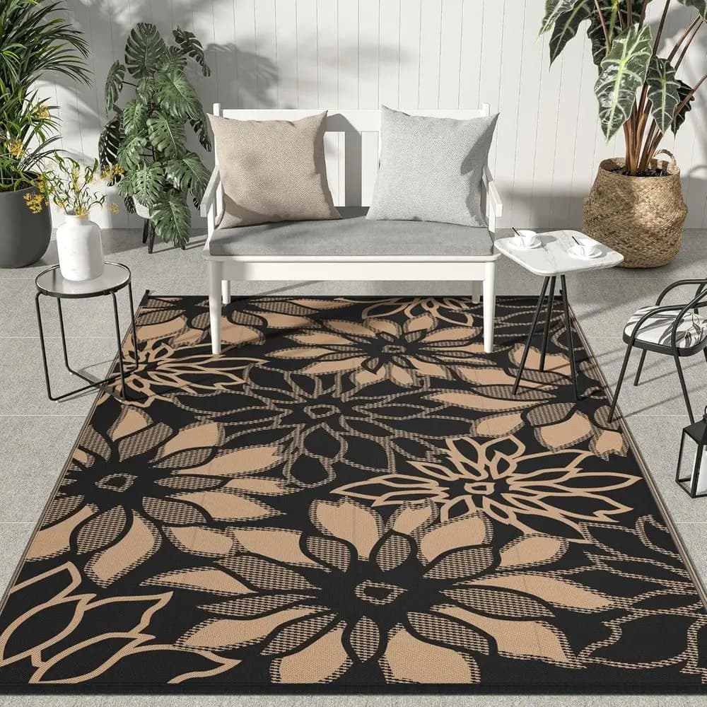 Tappeto reversibile da esterno, 8' x 10', impermeabile in plastica, adatto per camper, terrazza, balcone, spiaggia, nero e marrone