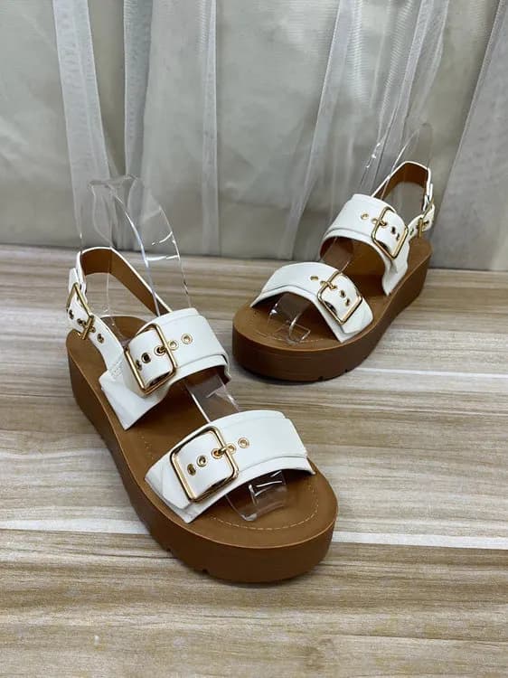 Women's casual sandals with thick bottom, round toe and buckle, fashionable, solid color, Roman style, slip-on for young women